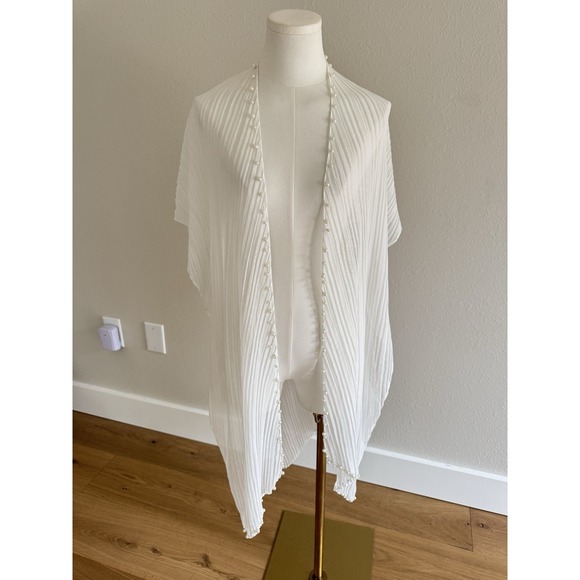 Other - Sheer White Faux Pearl Trim Open Front Kimono Cardi Coverup OSFM Boho Beachy